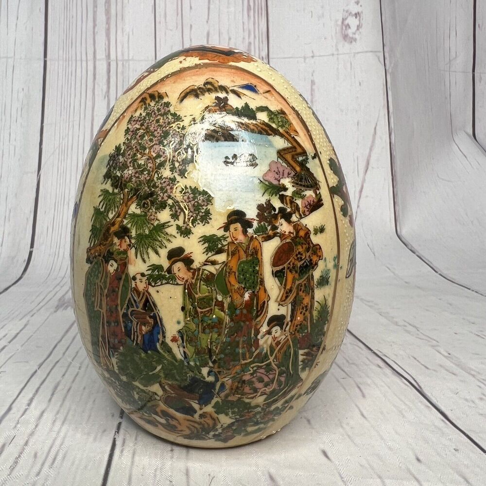 Vintage Japanese Satsuma Egg Hand Painted Ceramic Geisha‎ Floral Gold Gilded